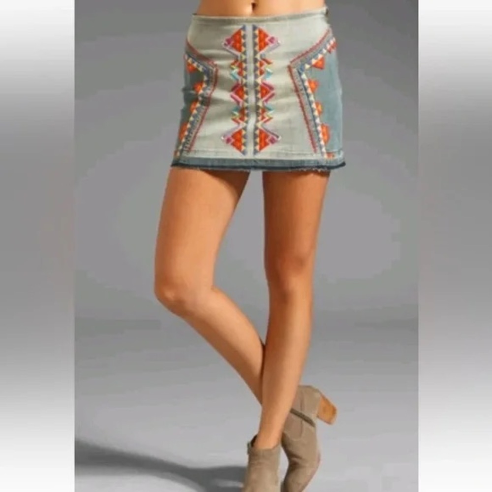 Free People Blue and Orange Embroidered Jean Mini Skirt Boho Festival Style